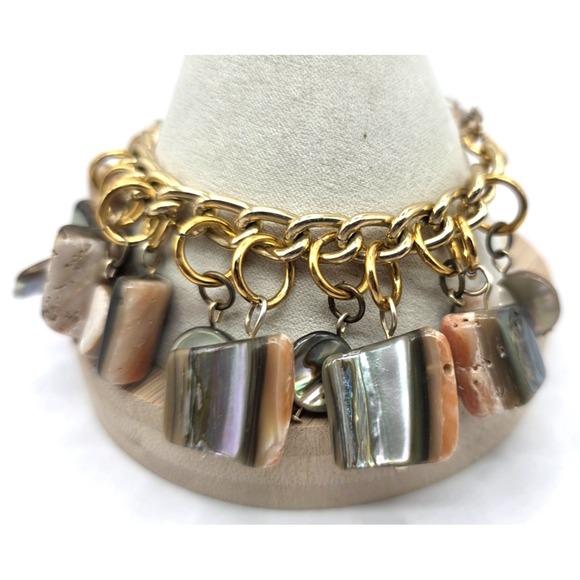 Abalone Shell Charm Bracelet Chunky Gold Tone Bracelet Size 7.25" Adjust Beach - Picture 4 of 10